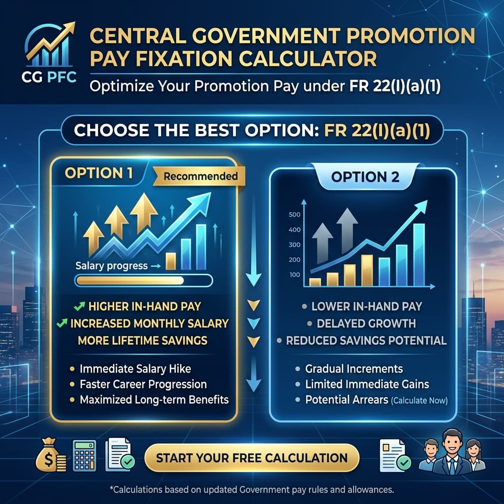 Central Government Promotion Salary Calculator - Option 1 vs Option 2 comparison