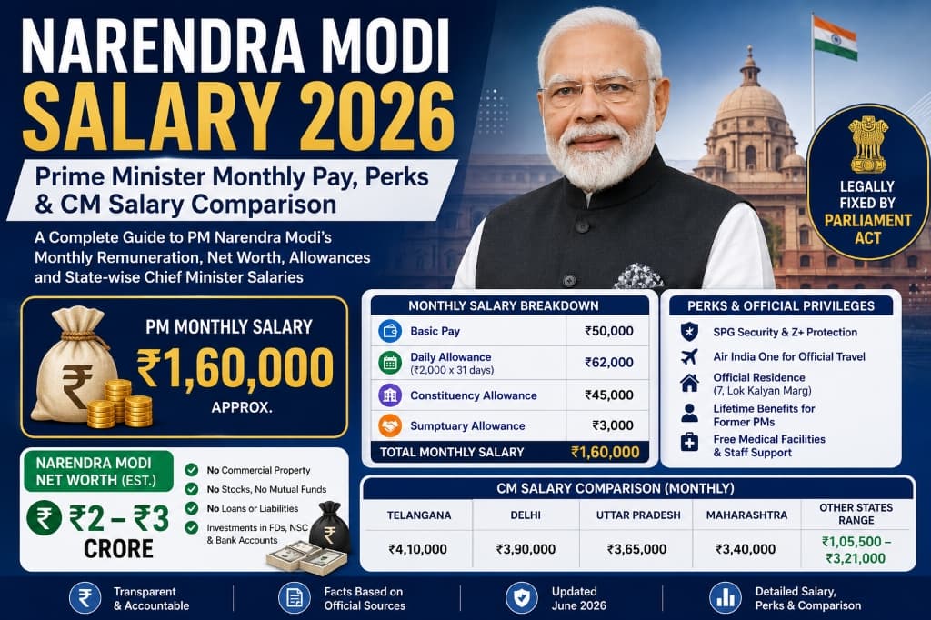 Narendra Modi Salary 2026 – Prime Minister Monthly Pay, Perks & CM Salary Comparison